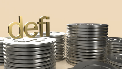The gold defi text  on silver coins for business concept  3d rendering