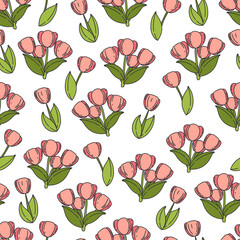 pink tulips seamless pattern. Vector floral background with spring flowers. Cartoon illustration of bright beautiful flowers with green leaves and stems