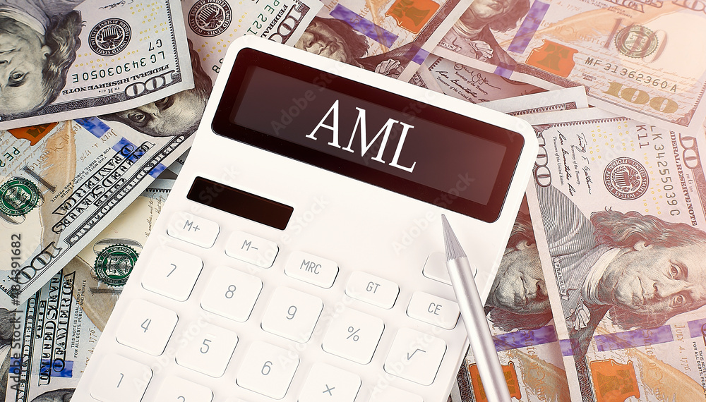 Poster aml text on display calculator on dollars background