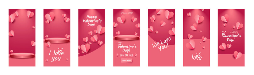 Valentine's day stories banners set. Pink, red background with flying hearts. 3d realistic podium. Round retail display. Promo banners of Valentines day holiday with calligraphy text, font. Heart wave - 484391871