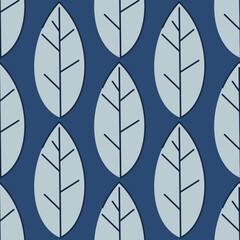 Seamless pattern of blue leaves on a dark background. Strict flat design. Geometric location. Natural eco motive. Printing on fabric, wrapping paper. Vector illustration