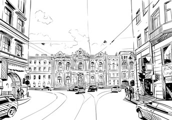  Russia. Saint Petersburg. Unusual perspective hand drawn sketch. City vector illustration - obrazy, fototapety, plakaty