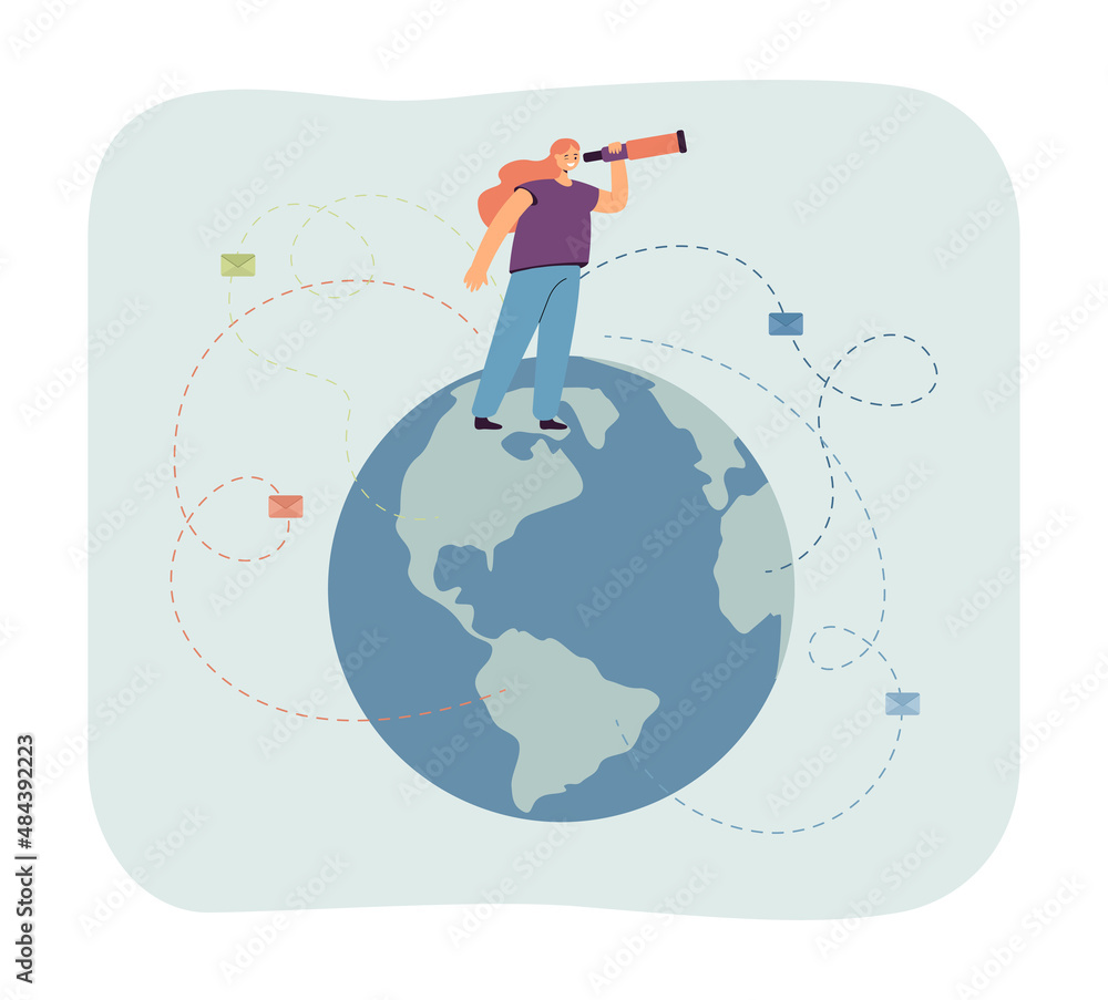 Poster cartoon manager looking through spyglass while standing on globe. letters from different parts of wo