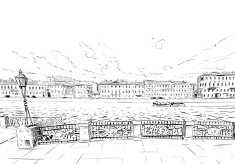 Russia. Saint Petersburg. Unusual perspective hand drawn sketch. City vector illustration