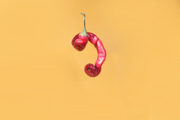 Red hot Ugly Pepper of a curved shape on a paper background.