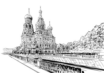 Russia. Saint Petersburg. Savior on Spilled Blood hand drawn sketch. City vector illustration