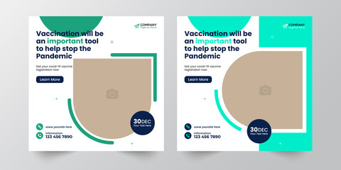 Medical vaccination social media post template. Modern square banner with place for the photo. Usable for social media, banners, cover, and websites.
Vaccination social media post template banner.