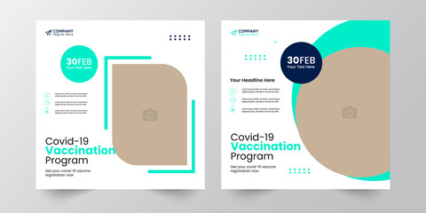 Medical vaccination social media post template. Modern square banner with place for the photo. Usable for social media, banners, cover, and websites.
Vaccination social media post template banner.