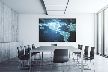 Abstract digital world map with connections on presentation monitor in a modern boardroom, big data and blockchain concept. 3D Rendering