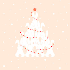 Draw vector illustration character design cute rabbit Christmas tree For new year and Merry Christmas.Doodle style.