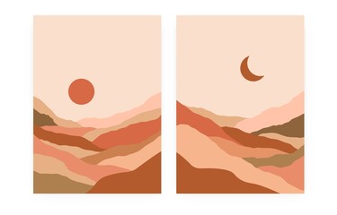 Abstract day night landscape poster set. Nature contemporary mountain prints, hand drawn backgrounds. Minimalist vector illustration