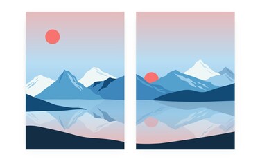 Minimalist abstract landscape posters. Contemporary nature mountain collage, hand drawn background set. Vector illustration