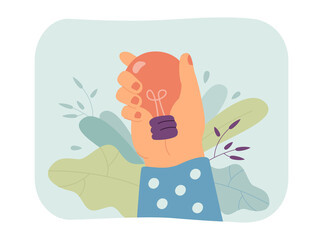 Female hand holding lightbulb as symbol of new idea. Person finding solution flat vector illustration. Creativity, inspiration, startup concept for banner, website design or landing web page