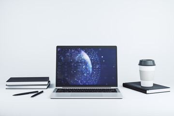 Modern computer display with abstract graphic world map, big data and networking concept. 3D Rendering