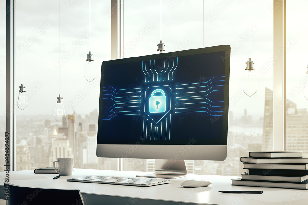 Poster modern computer monitor with creative lock hologram and chip. information security concept. 3d rende