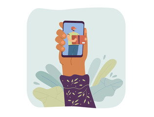 Hand holding phone with gift card on it flat vector illustration. Person receiving present through smartphone. Online gift service, shopping concept for banner, website design or landing web page