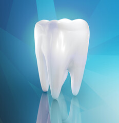 Human tooth with copy space 3d render illustration on blue background
