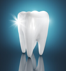 Human tooth with copy space 3d render illustration on blue background