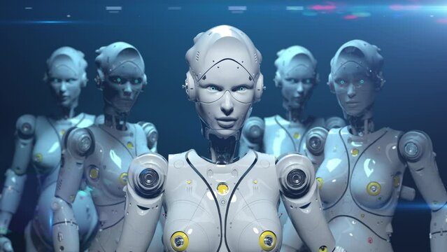 robots nodding their heads or listening to rhythmic music . allegorical animation on the theme of technology or artificial intelligence