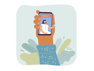 Hand holding phone with doctor on it flat vector illustration. Woman prescribing pills to patient according symptoms. Online medical consultation concept for banner, website design or landing web page