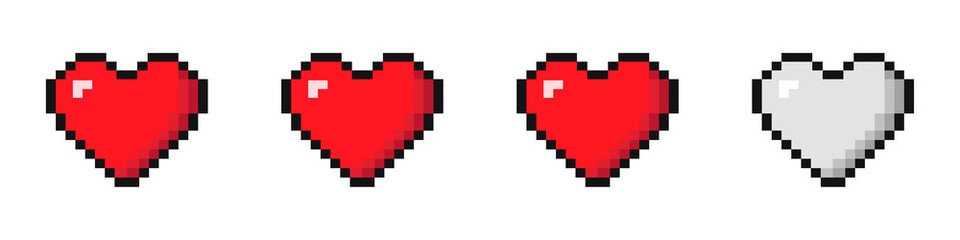 Pixel hearts. 8-bit hearts. Set of heart in video game style. Heart icons. Retro style. 