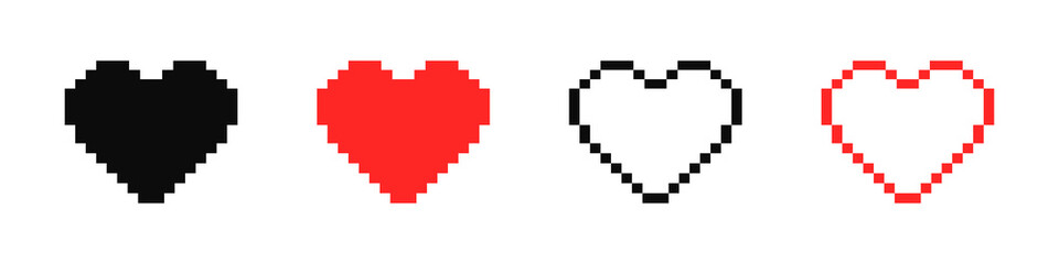 Pixel hearts. 8-bit hearts. Set of heart in video game style. Heart icons. Retro style. For valentine's day or wedding