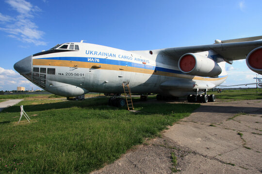 Exterior view of a Ilyushin Il-76 "Candid" multi-purpose four-engine turbofan strategic airlifter at the Zhulyany State Aviation Museum of Ukraine