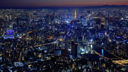 東京スカイツリーから望む東京タワーと夕景