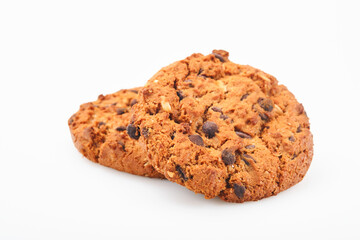 Stack of chocolate chip cookies on white background.