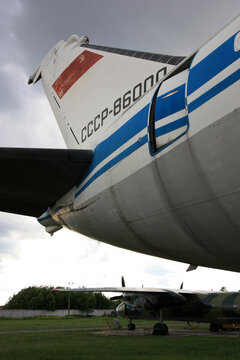 Empennage of the prototype of the Ilyushin Il-86 "Camber" short- to medium-range wide-body jetliner at the Zhulyany State Aviation Museum of Ukraine