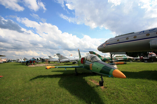 View of a Aero L-39 "Albatros" high-performance jet trainer next to a Aeroflot Tupolev Tu-104 jetliner at the Zhulyany Ukraine State Aviation Museum