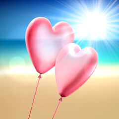 Obraz na płótnie Canvas 3d pink hearts balloon couple on sea beach background. Valentine's day.