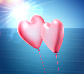 Fototapeta na wymiar 3d pink hearts balloon couple on blue sea and sky background. Valentine's day.