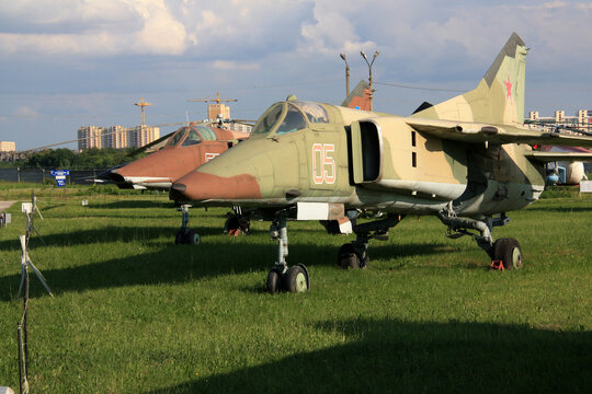 Exterior view of a Mikoyan-Gurevich MiG-27 "Flogger" ground-attack aircraft at the Zhulyany State Aviation Museum of Ukraine