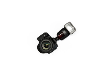 reflex camera with flash on white background top view