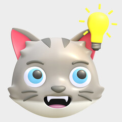 cute cat creative idea with lamp icon cartoon 3d render illustration