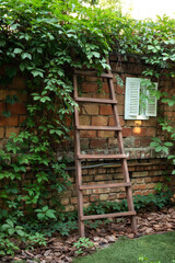 Rustic wooden ladder at brick wall with climbing wild grapes. Garden ladder leaning against wall in Park, preparations for harvest season. Pruning gardening high tree. Concept home garden.	
