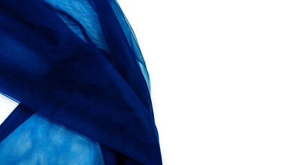 The part of crumpled blue tulle on white background. copy space