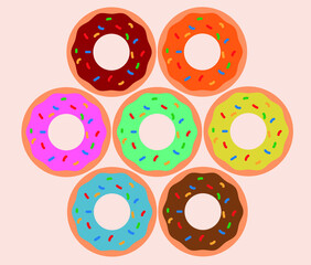 Seven different donuts are arranged in a circle. Vector illustration