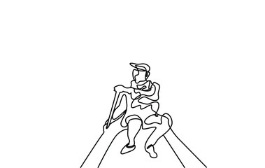 a calm man riding a rowboat and a boat alone on the water