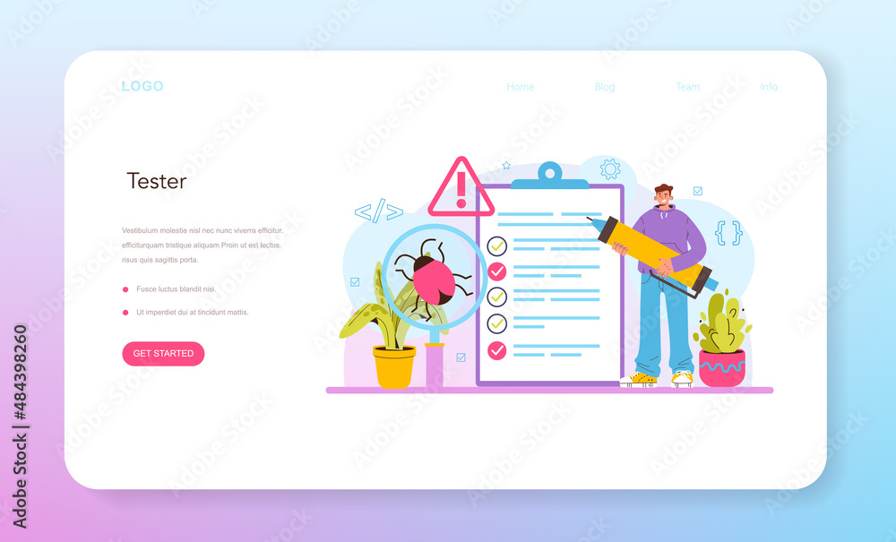 Poster software tester web banner or landing page. application or website