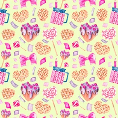 Fototapeten Watercolor pattern with hearts, waffles, bows, gingerbread for Valentine's Day © SashaKondr