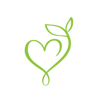 Green Vector Icon Heart Shape And Leaf. Can Be Used For Eco, Vegan Herbal Healthcare Or Nature Care Concept Organic Logo Design