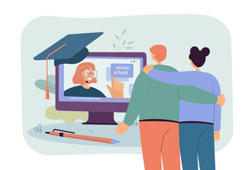 Girl and boy studying remotely at home flat vector illustration. Teacher conducting lessons remotely during pandemic. Distance learning concept for banner, website design or landing web page