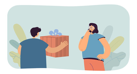 Confused cartoon woman getting big gift box from man. Male person giving present to female flat vector illustration. Promotion, celebration, reward concept for banner, website design or landing page