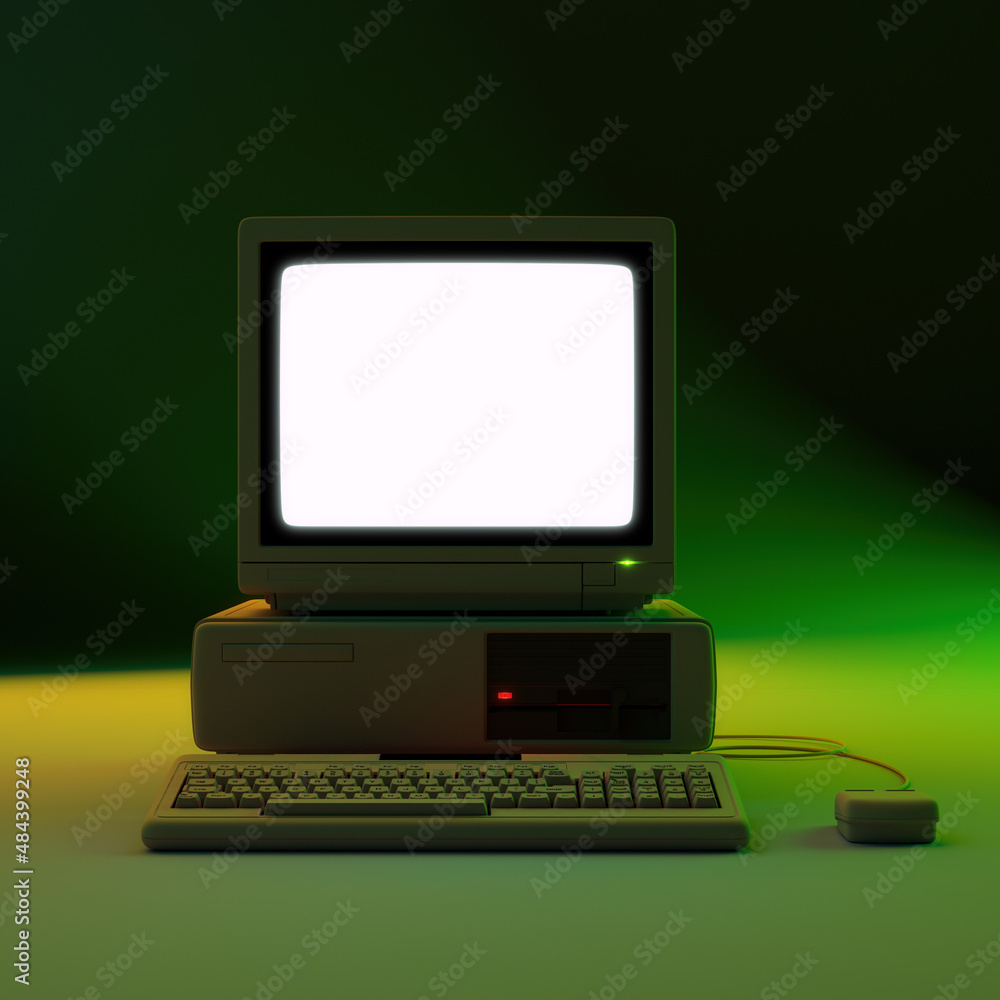 Poster retro pc mock-up with glowing white screen in studio light. 3d rendering.