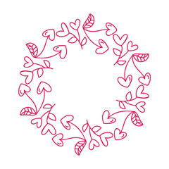Fototapeta na wymiar Love monoline vector doodle frame of cherries, hearts. Hand drawn wreath valentine day with copyspace. Decor for greeting card, wedding, photo overlays, flyer, poster design