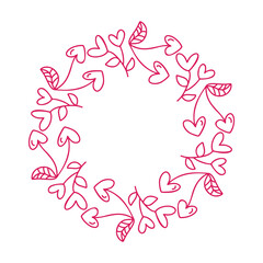 Love monoline vector doodle frame of cherries, hearts. Hand drawn wreath valentine day with copyspace. Decor for greeting card, wedding, photo overlays, flyer, poster design