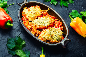Roasted bell peppers stuffed with rice and meat