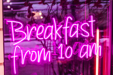 breakfast from 10 a.m. cafe neon sign showcase glowing - Powered by Adobe